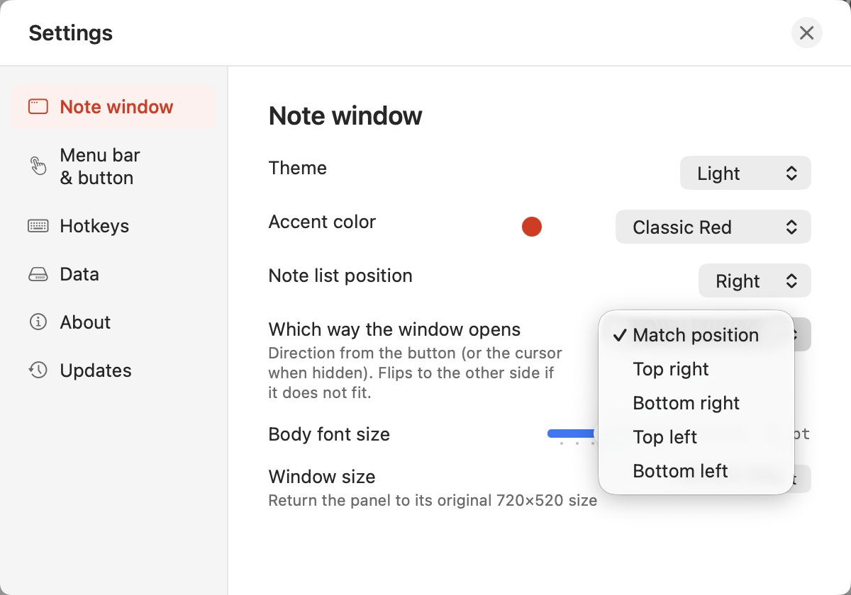 The Note window pane in Settings, with the menu open on which way the window opens