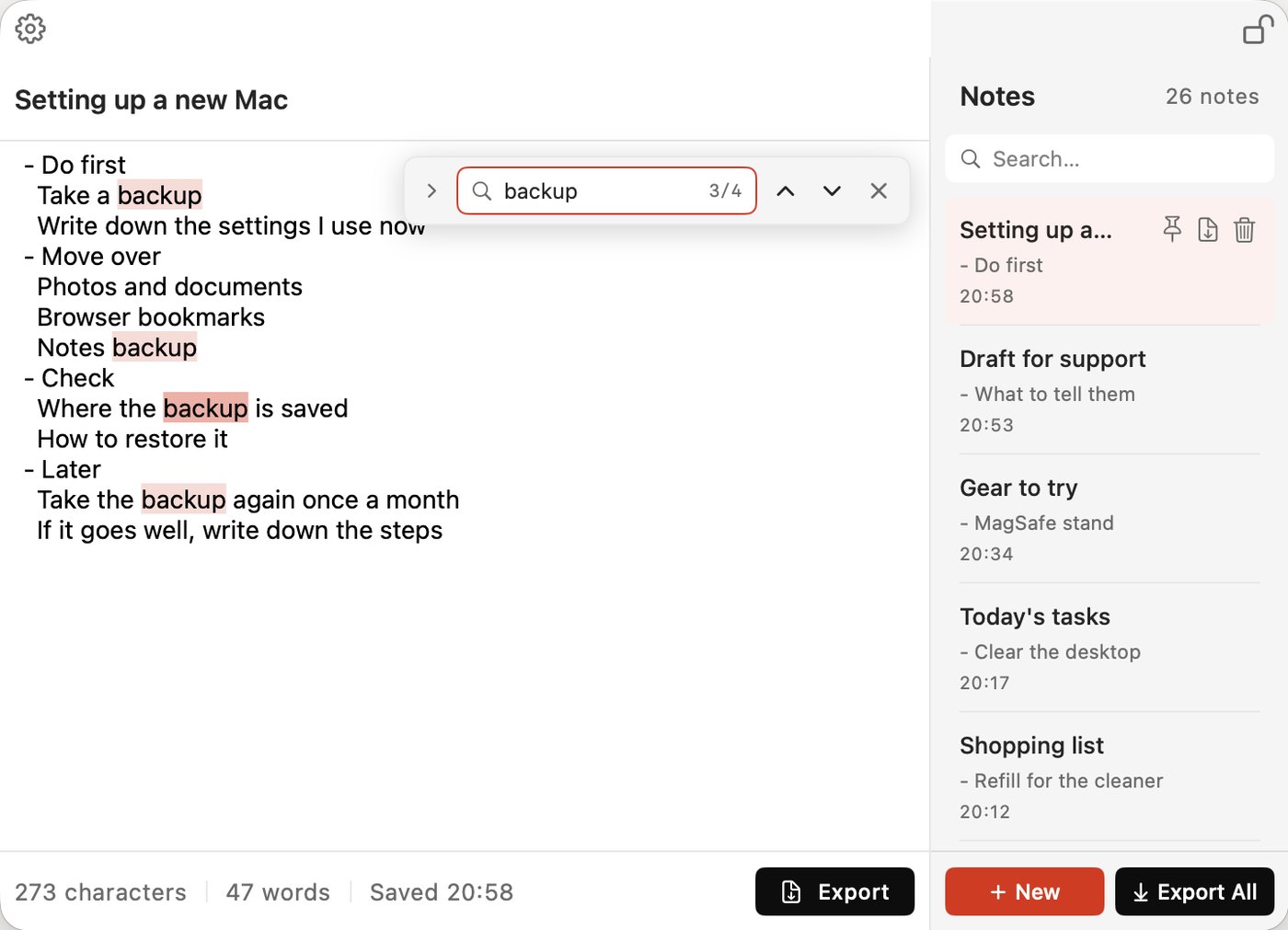 The in-note search bar open, with every match highlighted